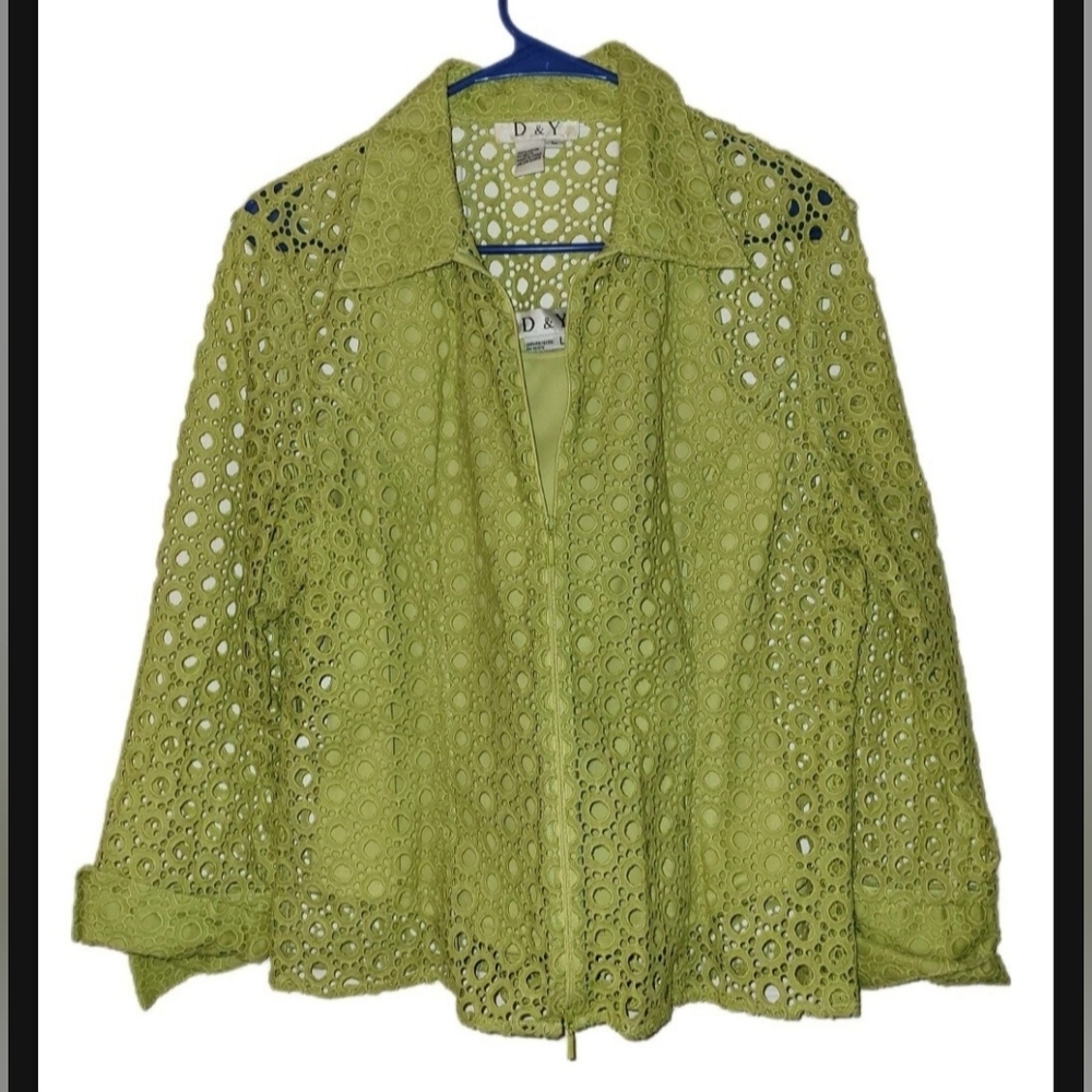 D&Y Green 2 Piece Eyelet Lace Jacket With Matching Camisole Large Bright Green